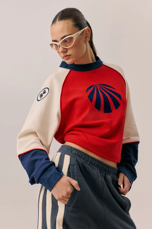 ARAMINTA JAMES Womens Races Waffle Sweatshirt in Poppy Red - Image 7
