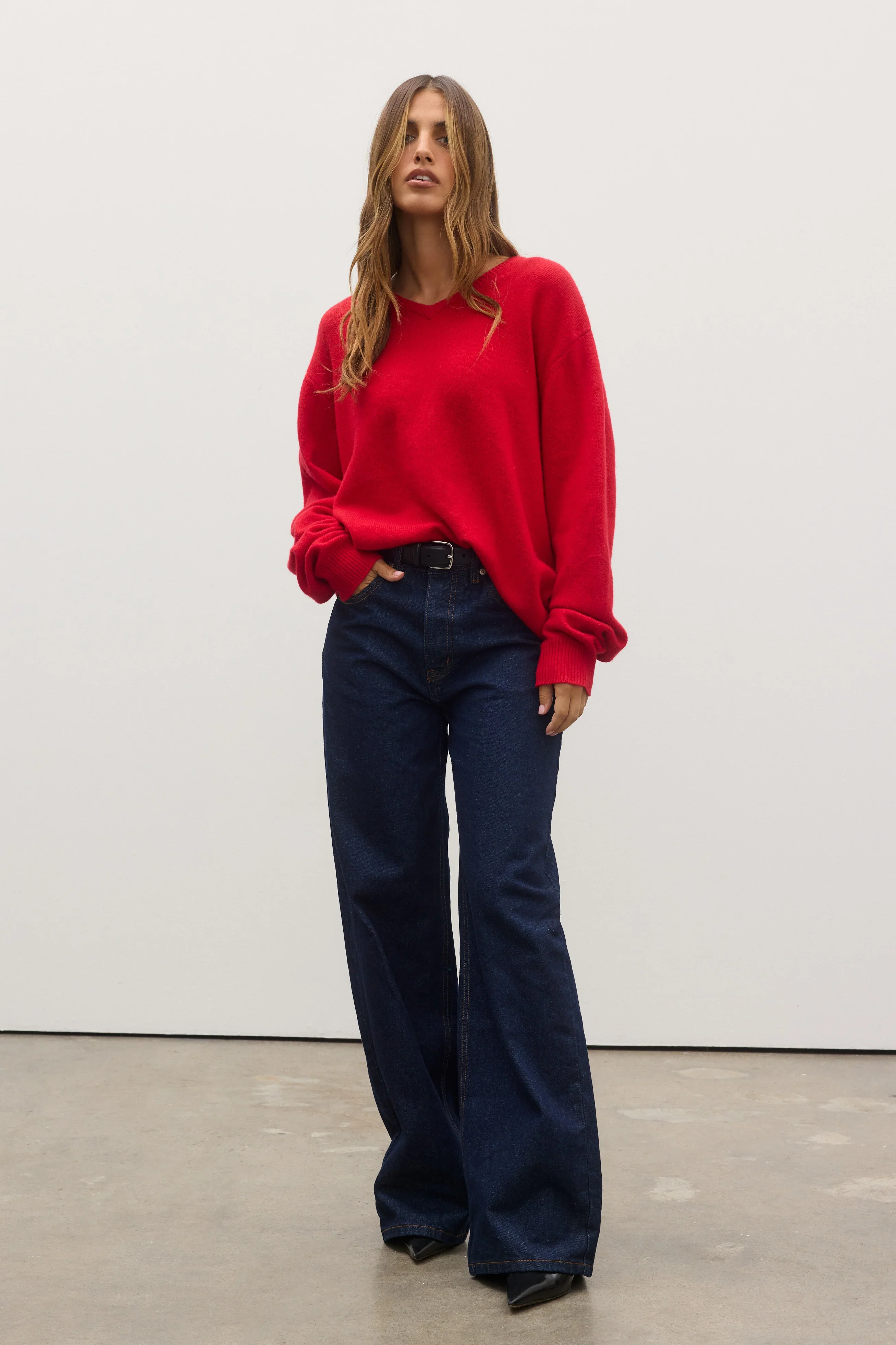 BAYSE BRAND Womens Billie V-Neck Sweater in Cherry Red - Image 2