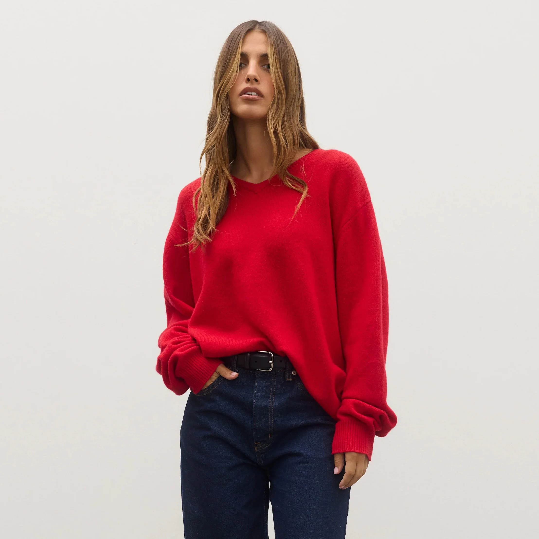 BAYSE BRAND Womens Billie V-Neck Sweater in Cherry Red - Image 6