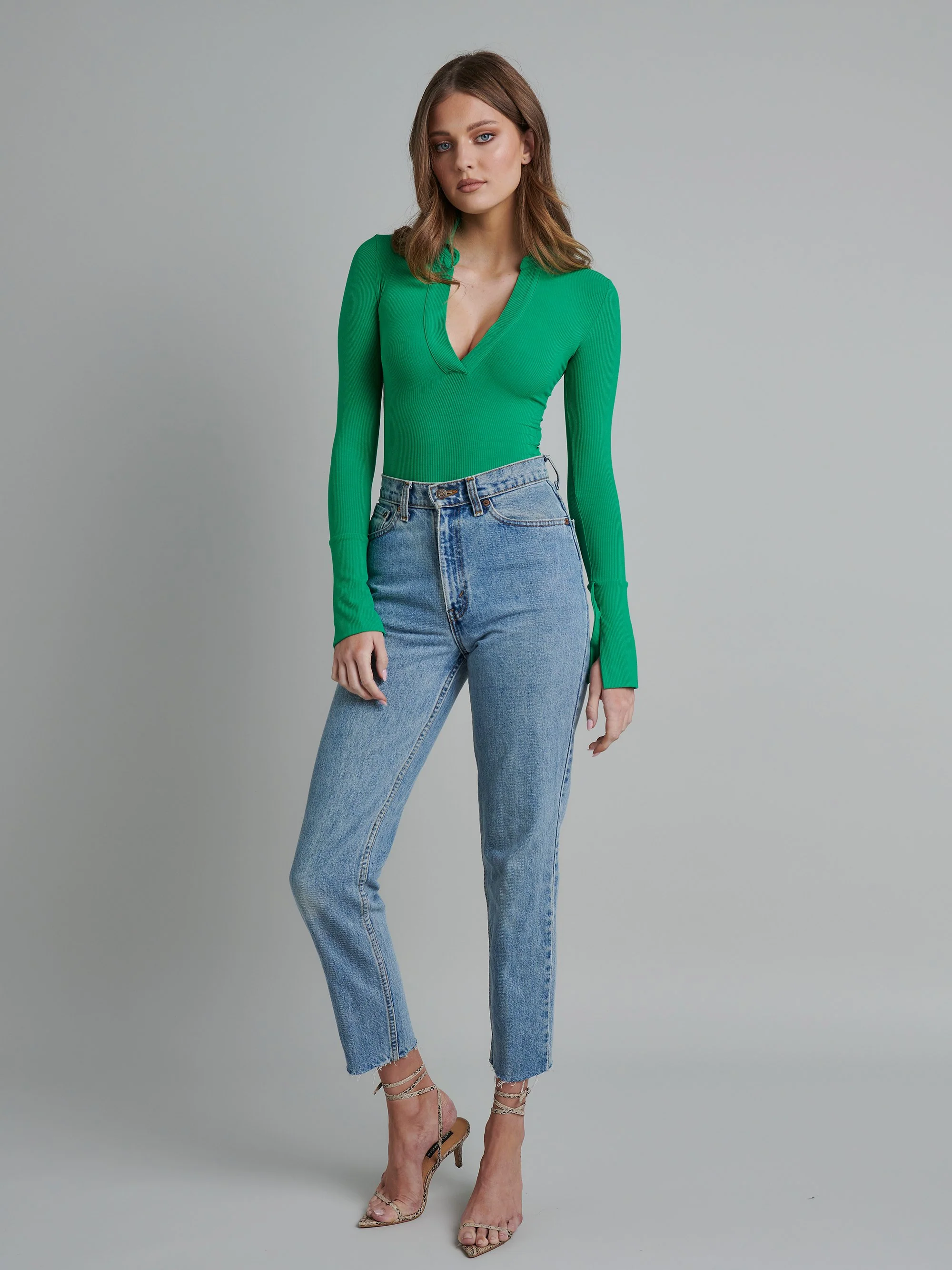 BAYSE BRAND Womens Celine Long Sleeve Bodysuit - Green - Image 3