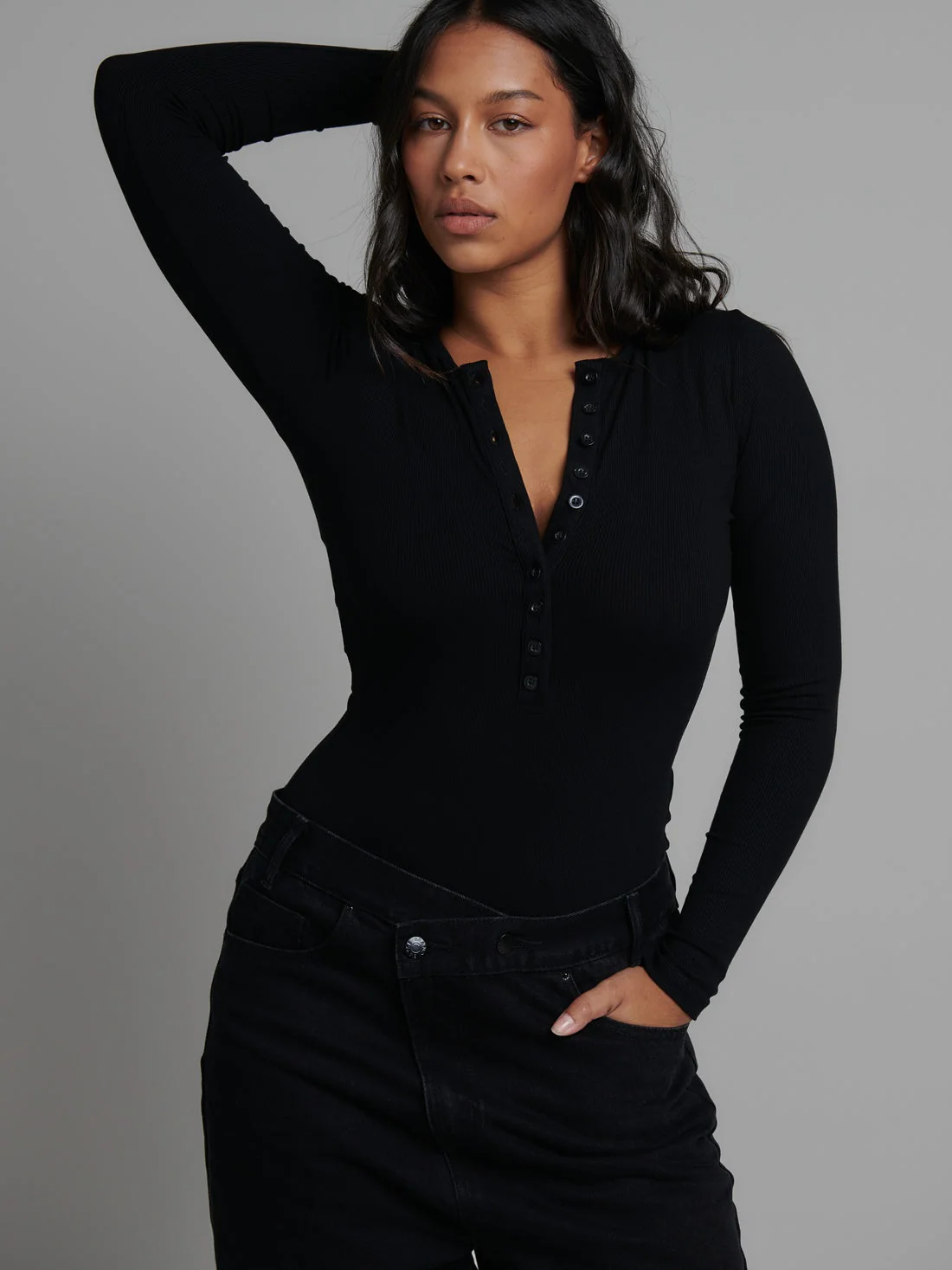 Bayse Brand Womens Lara Long Sleeve Crew Neck Button Down Bodysuit Black - Image 17