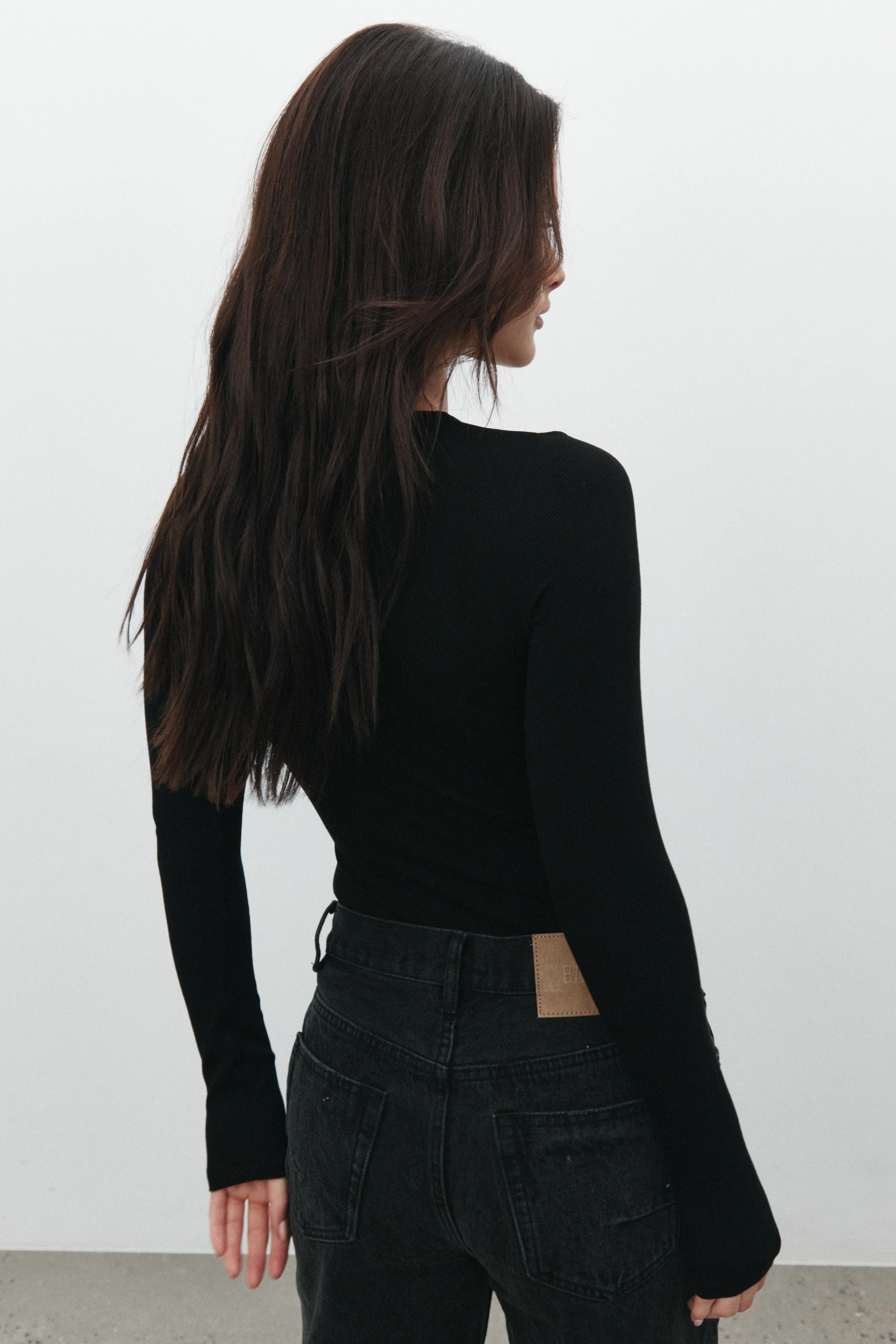 Bayse Brand Womens Lara Long Sleeve Crew Neck Button Down Bodysuit Black - Image 3