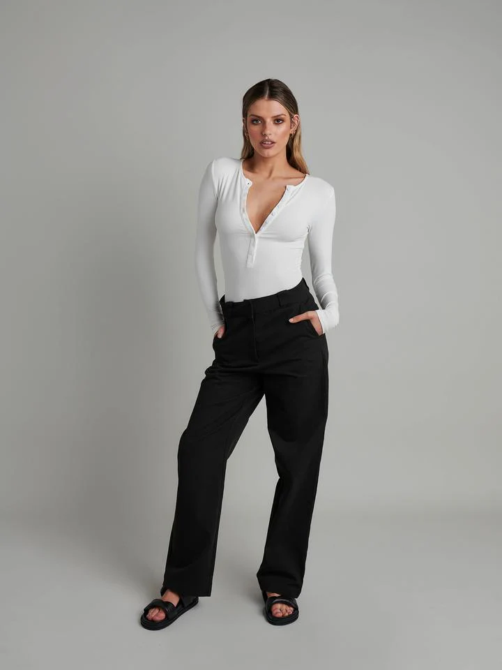 Bayse Brand Womens Lara Long Sleeve Crew Neck Button Down Bodysuit White - Image 5