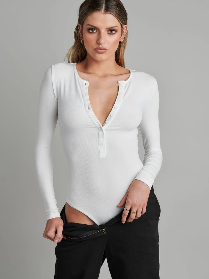 Bayse Brand Womens Lara Long Sleeve Crew Neck Button Down Bodysuit White - Image 8