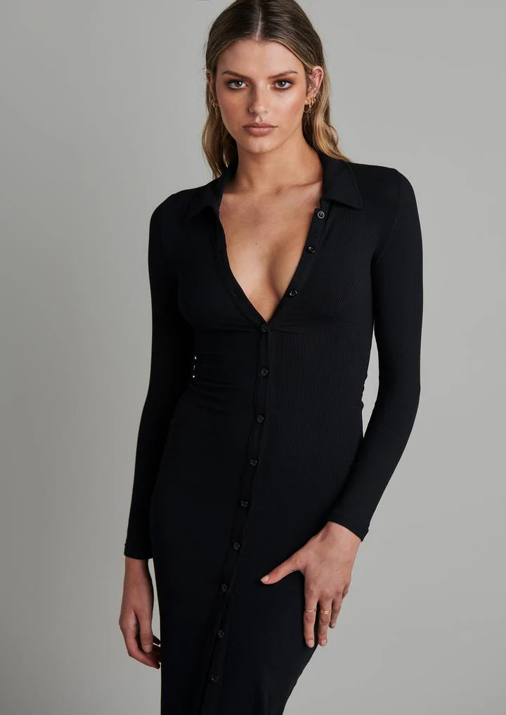 Bayse Brand WOMENS POLO LONG SLEEVE MAXI DRESS  - BLACK - Image 3