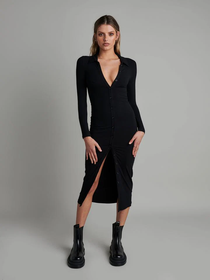 Bayse Brand WOMENS POLO LONG SLEEVE MAXI DRESS  - BLACK - Image 4