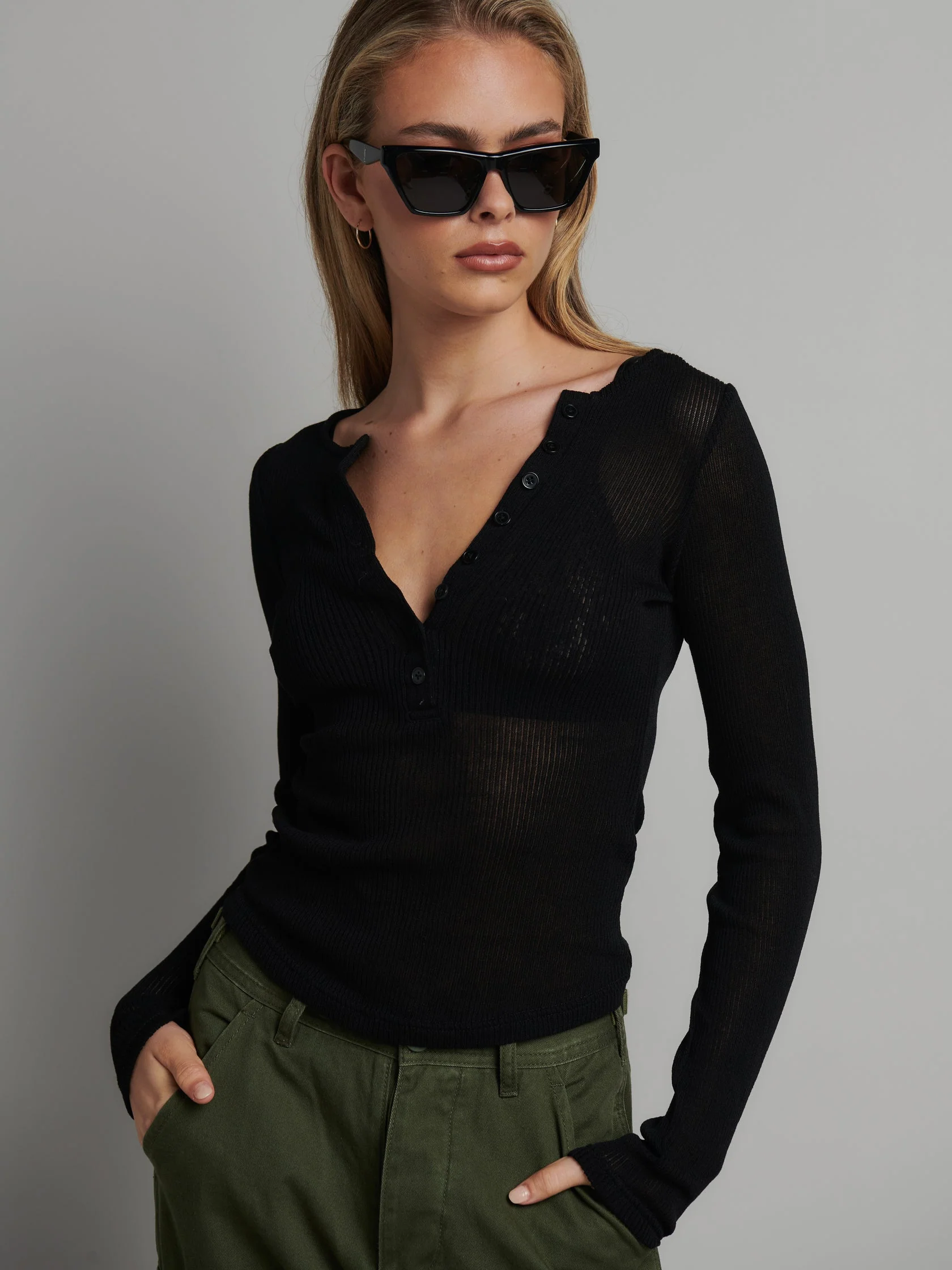 BAYSE BRAND Womens Xavier Long Sleeve Button Top - Black - Image 3