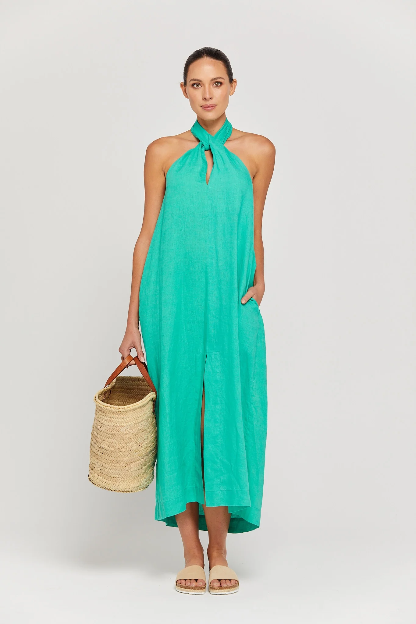 BY RIDLEY Womens Zariyah Linen Dress - Emerald - Image 5
