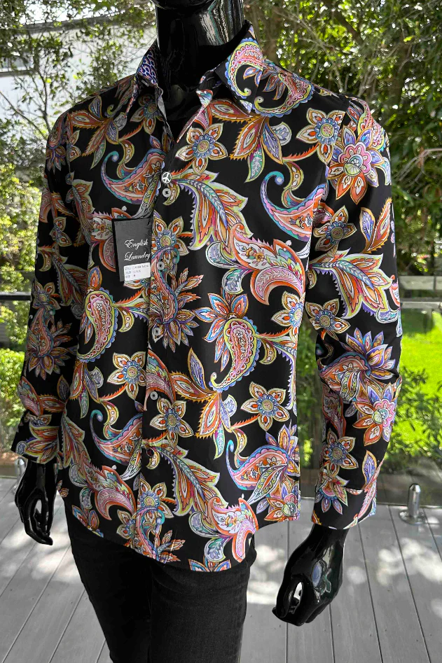 ENGLISH LAUNDRY Mens Bolton Long Sleeve Shirt in Black Paisley - Image 2