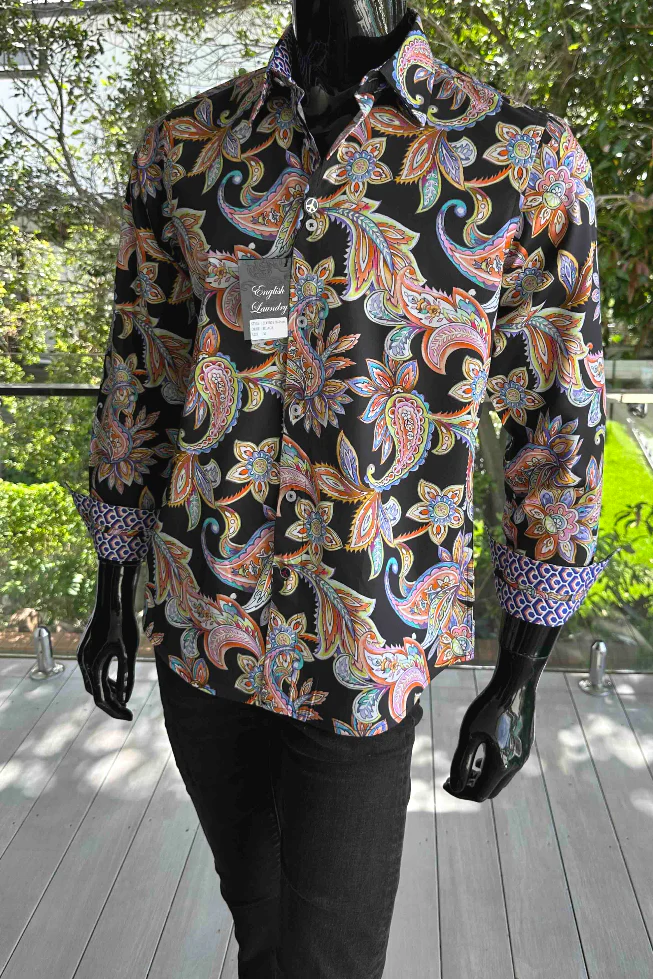 ENGLISH LAUNDRY Mens Bolton Long Sleeve Shirt in Black Paisley - Image 3