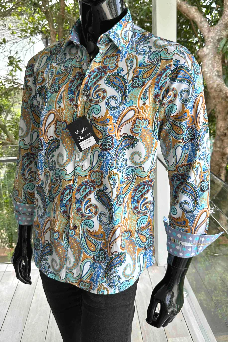 ENGLISH LAUNDRY Mens Bristol Long Sleeve Shirt in Mustard Paisley - Image 3