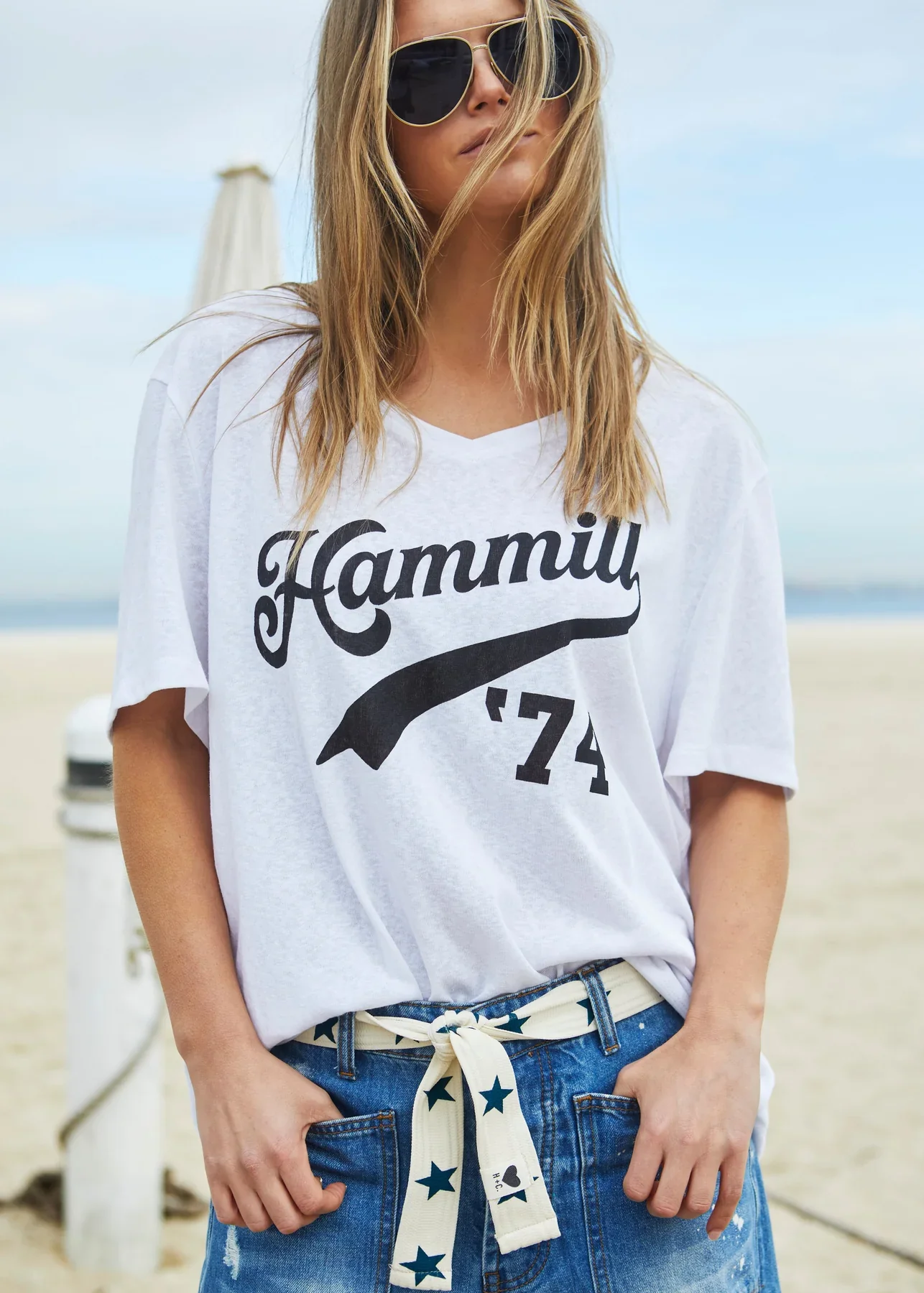 HAMMILL & Co Womens '74 Hammill Logo V Neck Tee in White - Image 2