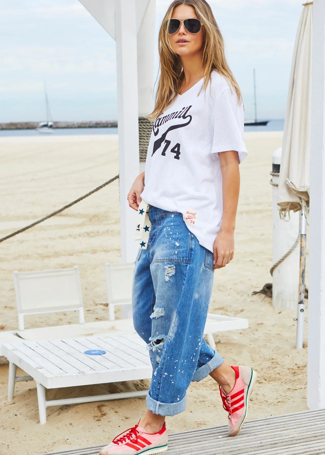 HAMMILL & Co Womens '74 Hammill Logo V Neck Tee in White - Image 3