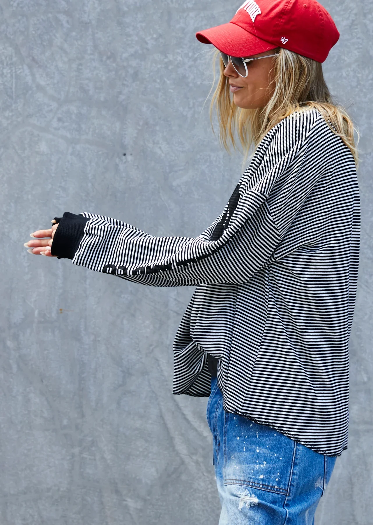 HAMMILL & CO Womens Always Waffle Top in Black & White Stripes - Image 5