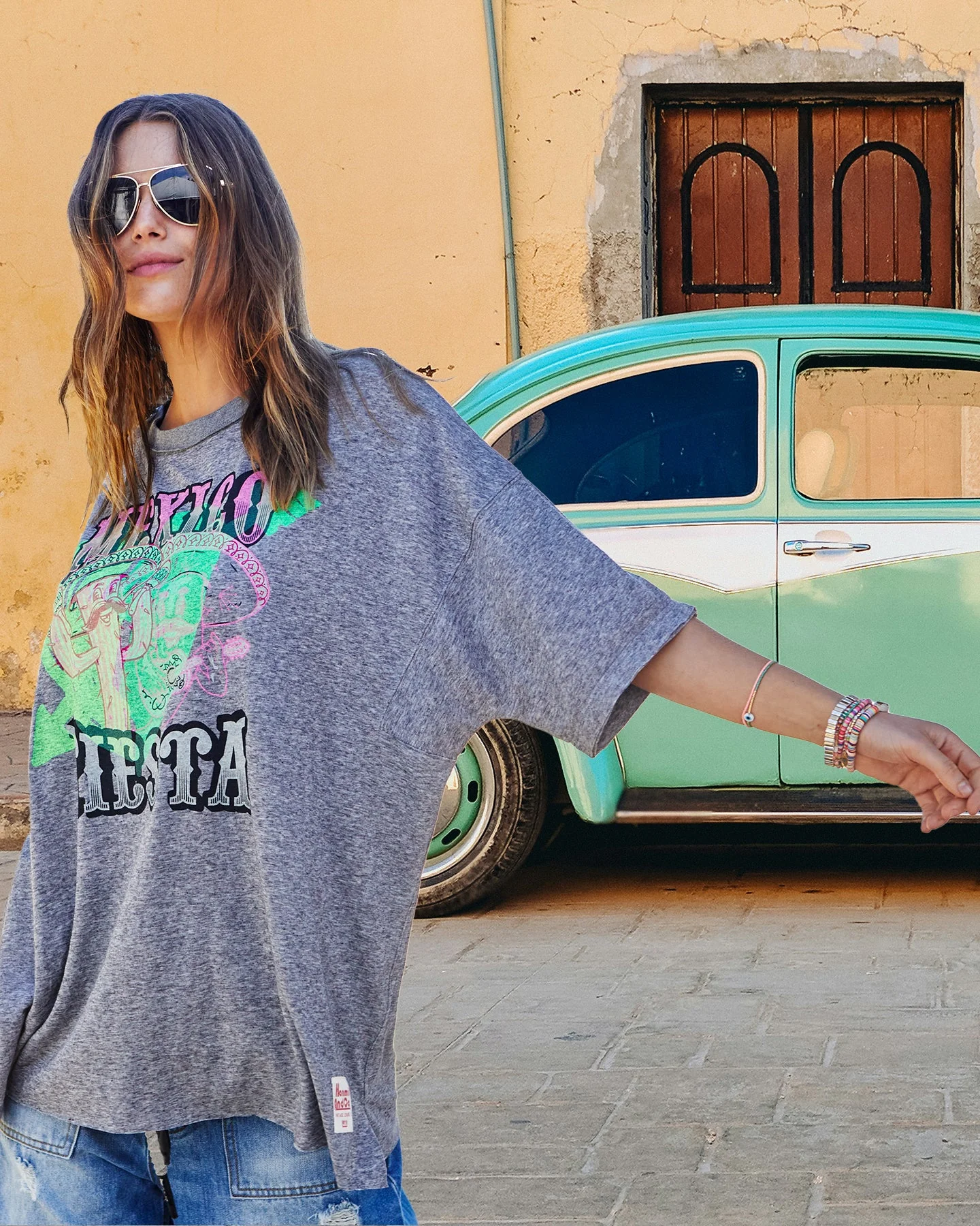 HAMMILL & CO Womens Mexican Fiesta Oversized Tee - Charcoal Marle - Image 3