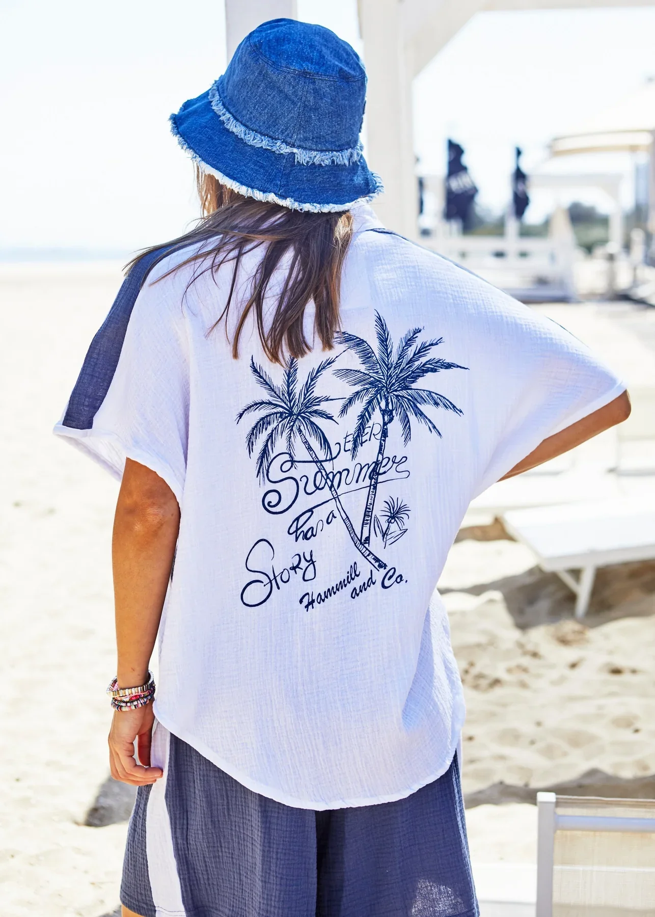 HAMMILL & CO Womens Resort Beach Shirt - White/Navy - Image 5