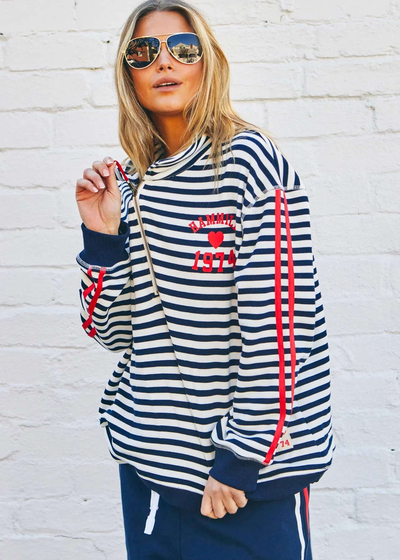 HAMMILL & CO Womens Retro Stripe Collared Sweat in Navy/White - Image 2