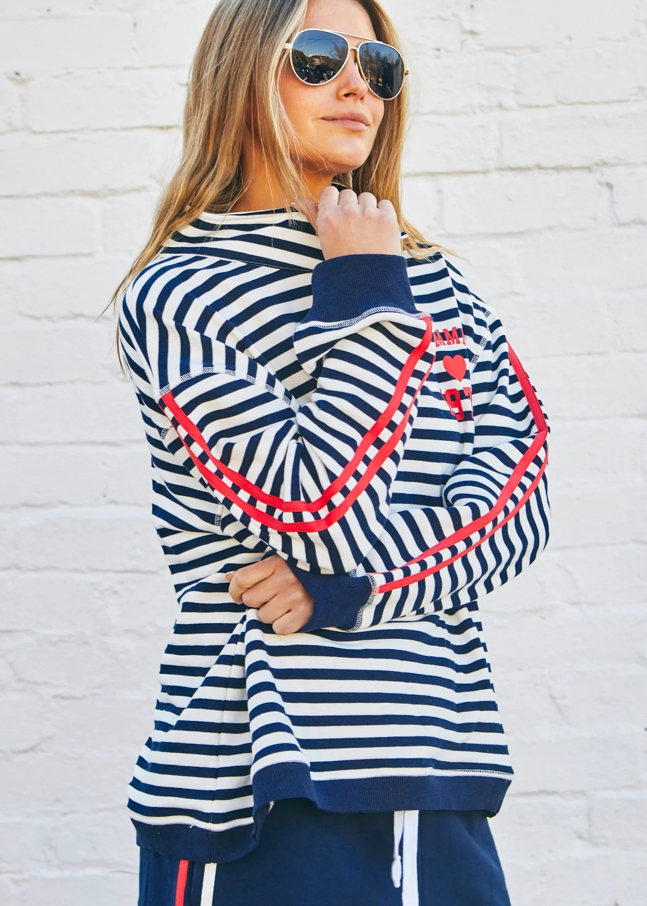 HAMMILL & CO Womens Retro Stripe Collared Sweat in Navy/White - Image 6