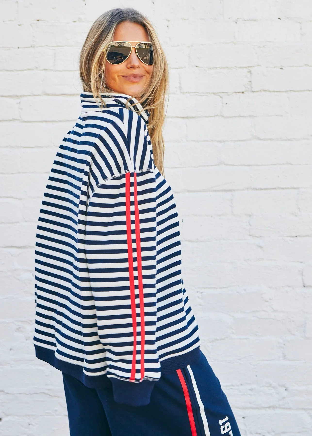 HAMMILL & CO Womens Retro Stripe Collared Sweat in Navy/White - Image 8
