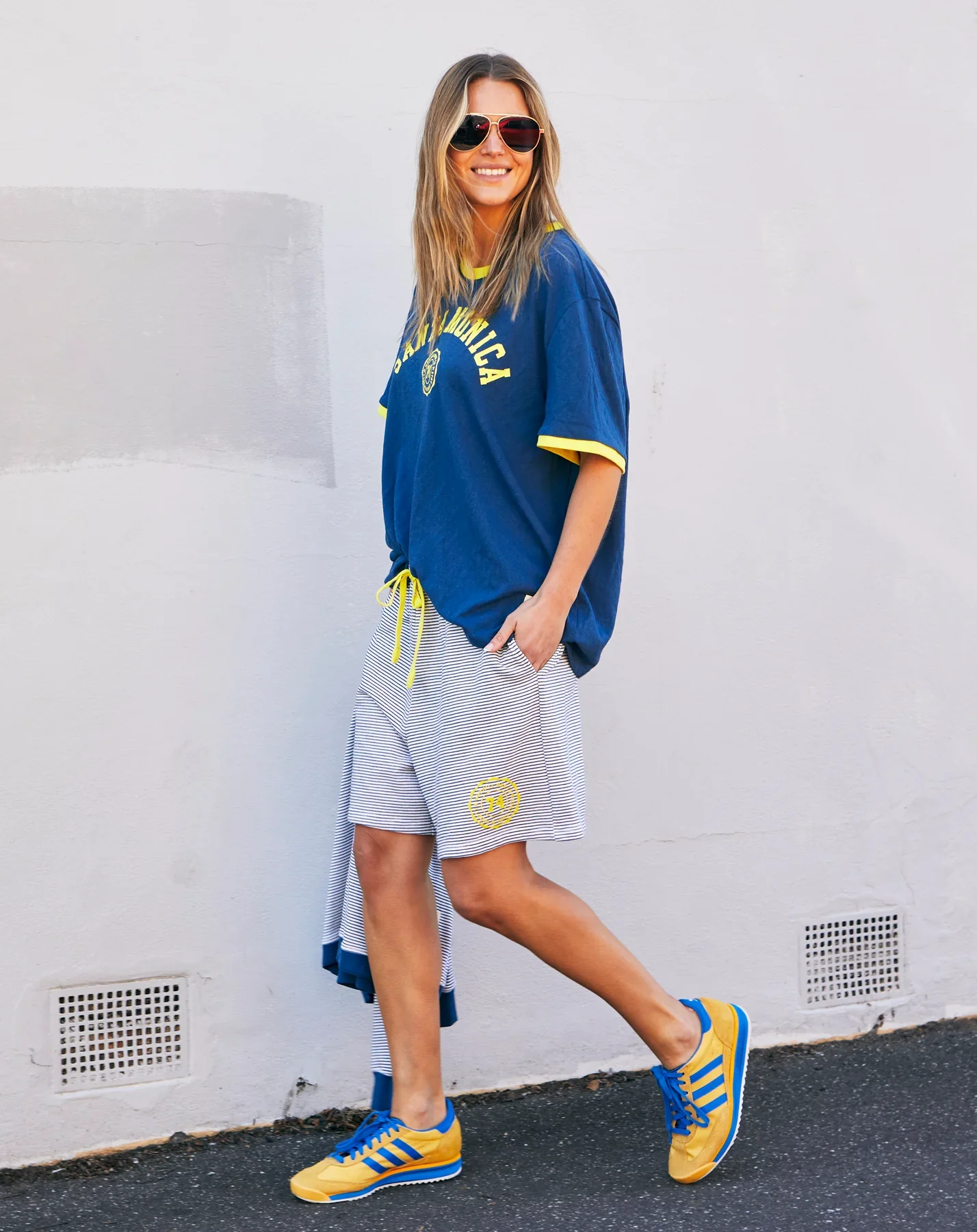 HAMMILL & CO Womens Santa Monica Ringer Tee in Blue & Yellow - Image 3