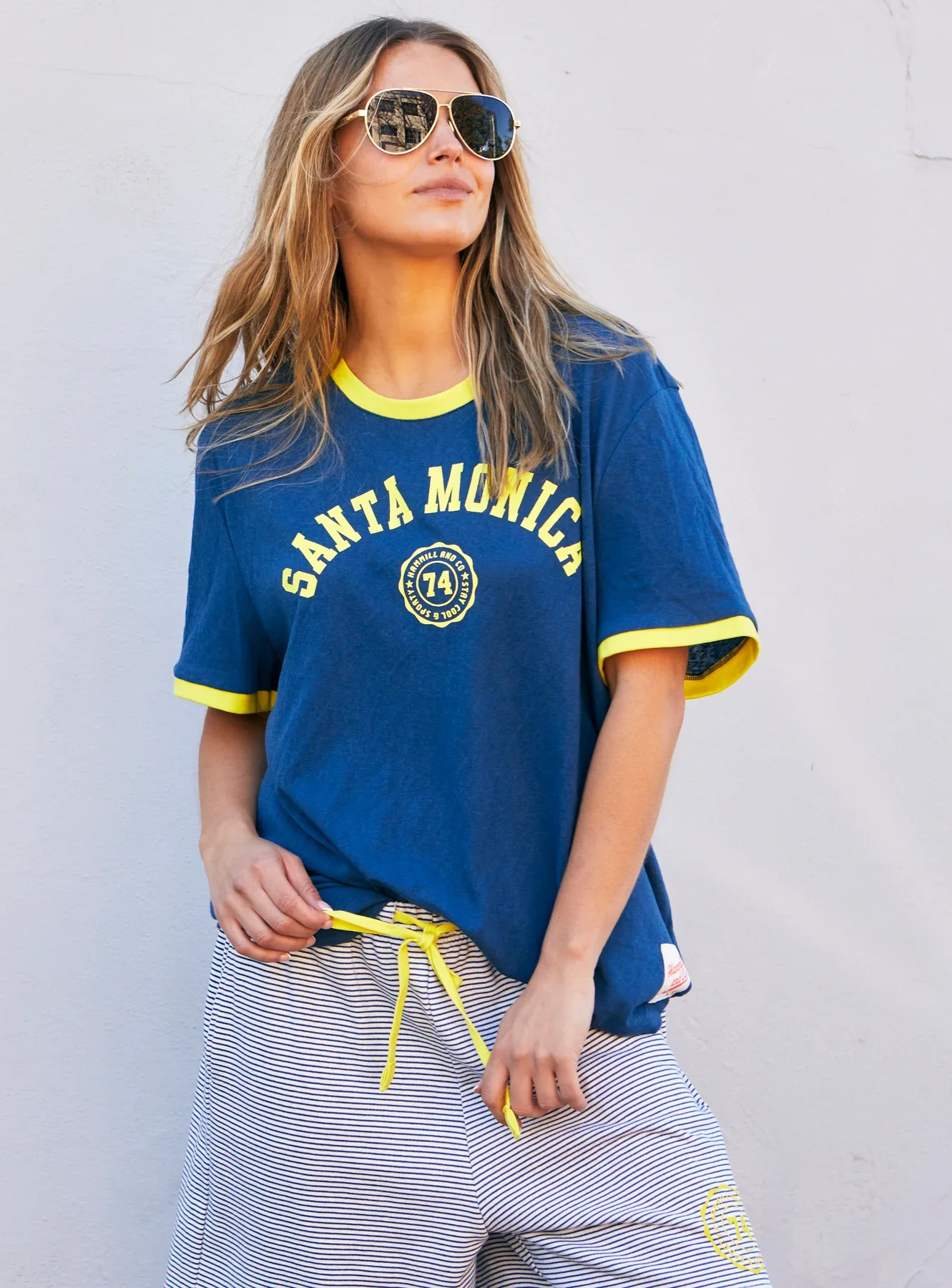 HAMMILL & CO Womens Santa Monica Ringer Tee in Blue & Yellow - Image 4
