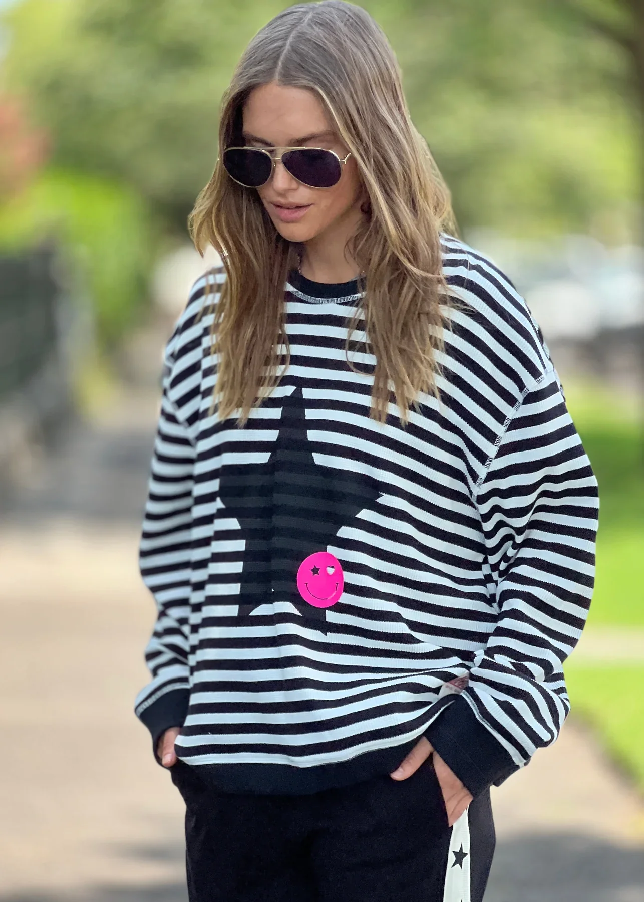 HAMMILL & Co Womens Star Stripe Black/White Waffle Top - Image 3