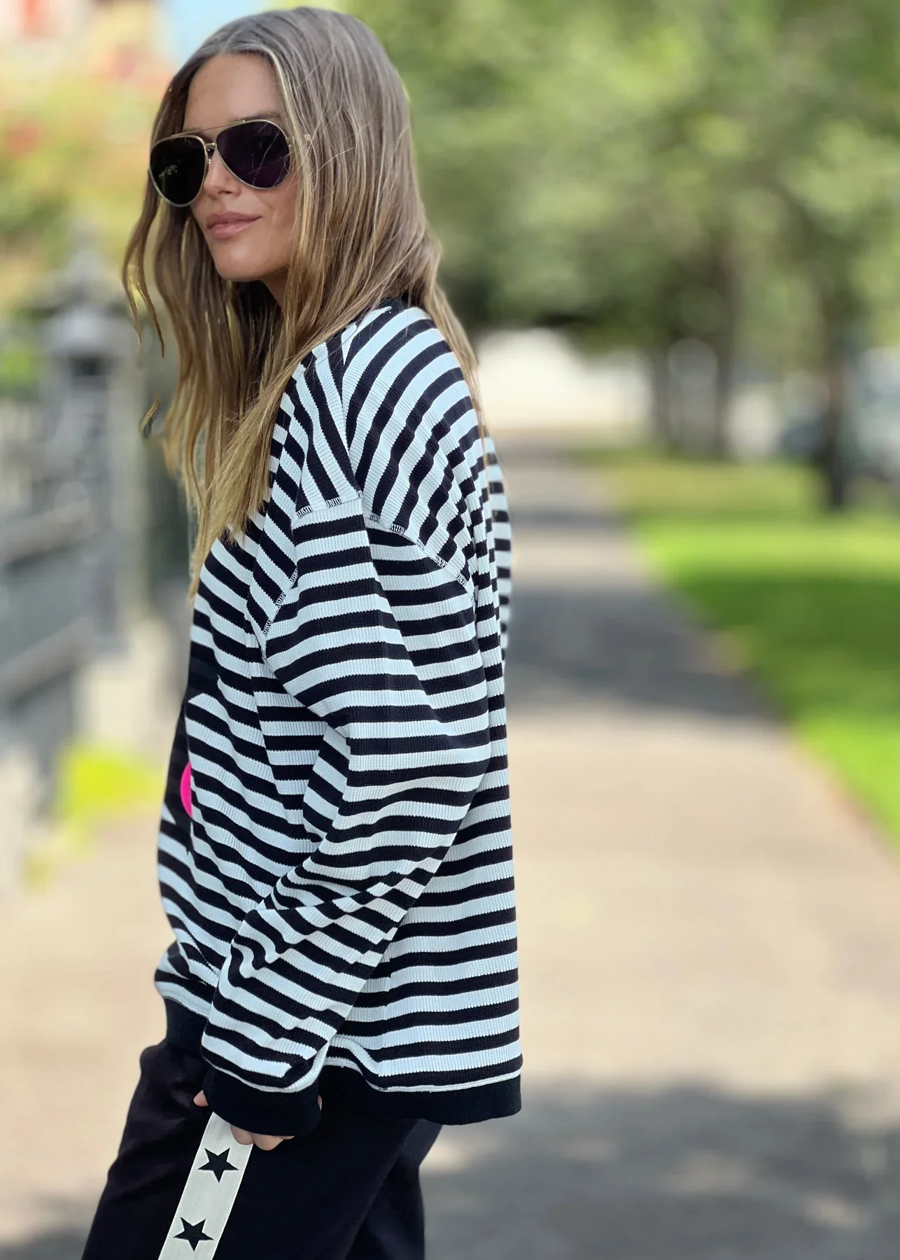 HAMMILL & Co Womens Star Stripe Black/White Waffle Top - Image 5