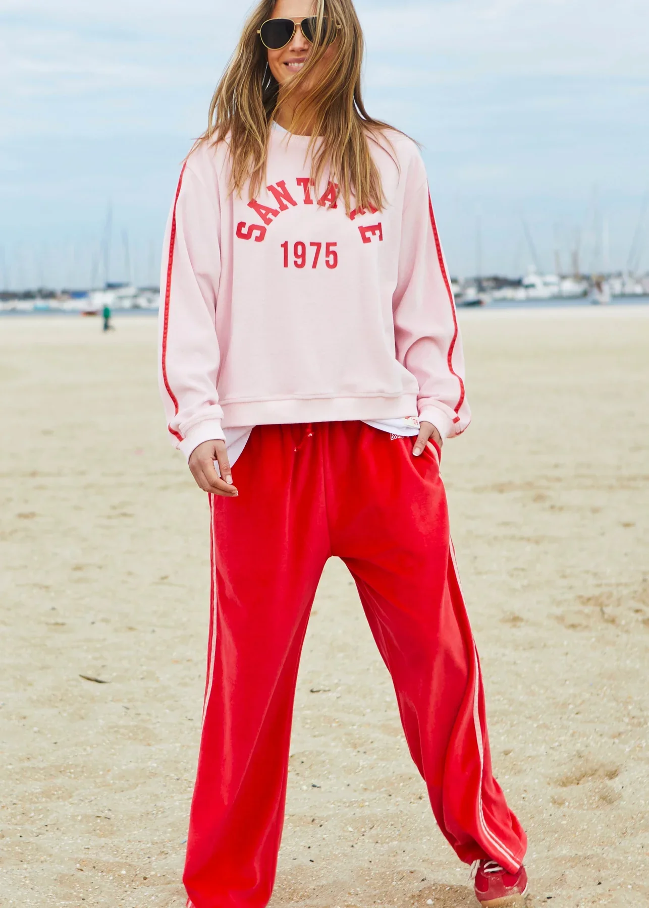 HAMMILL & CO Womens Urban Velour Track Pant in Red with Pink Stripe - Image 2