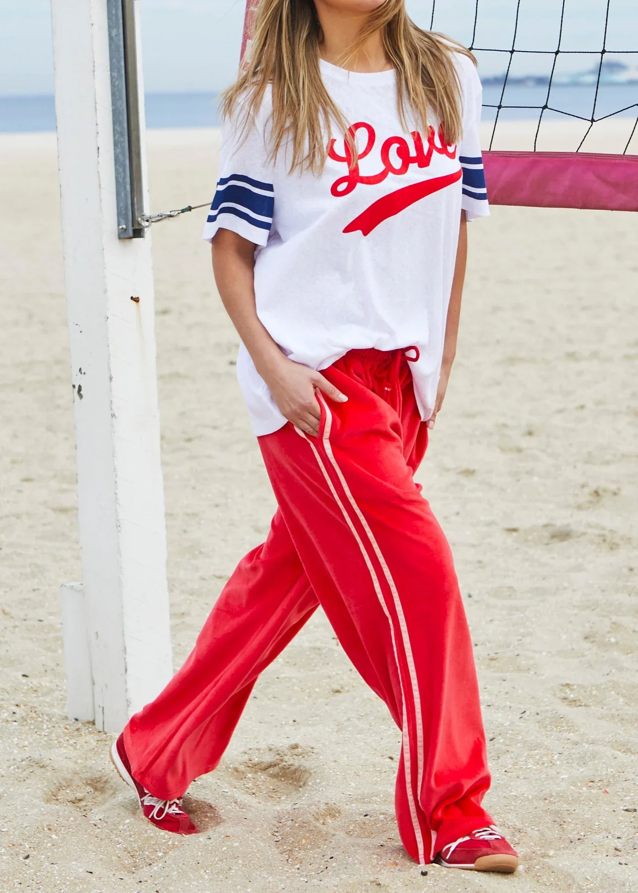 HAMMILL & CO Womens Urban Velour Track Pant in Red with Pink Stripe - Image 6