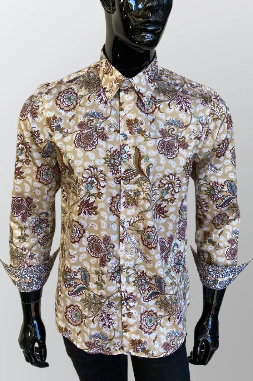JOHN LENNON Mens Highcliffe Long Sleeve Shirt Latte Paisley - Image 3