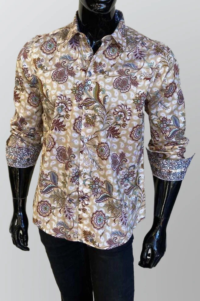 JOHN LENNON Mens Highcliffe Long Sleeve Shirt Latte Paisley - Image 6