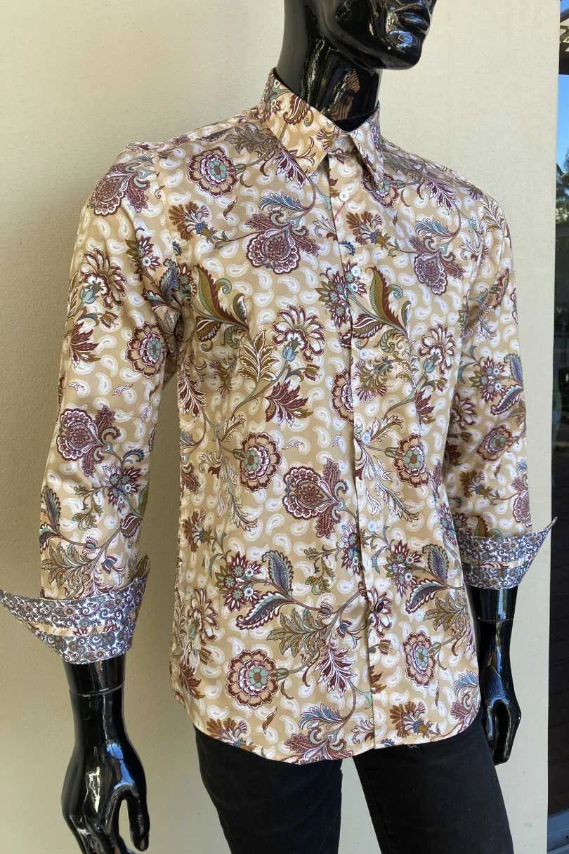JOHN LENNON Mens Highcliffe Long Sleeve Shirt Latte Paisley - Image 7