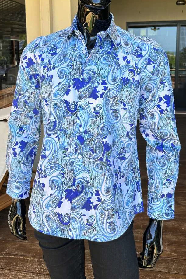 JOHN LENNON Mens Wigan Long Sleeve Paisley Shirt - Blue - Image 4