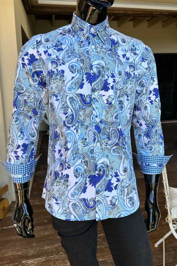 JOHN LENNON Mens Wigan Long Sleeve Paisley Shirt - Blue - Image 5