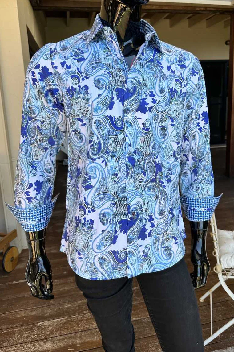 JOHN LENNON Mens Wigan Long Sleeve Paisley Shirt - Blue - Image 8