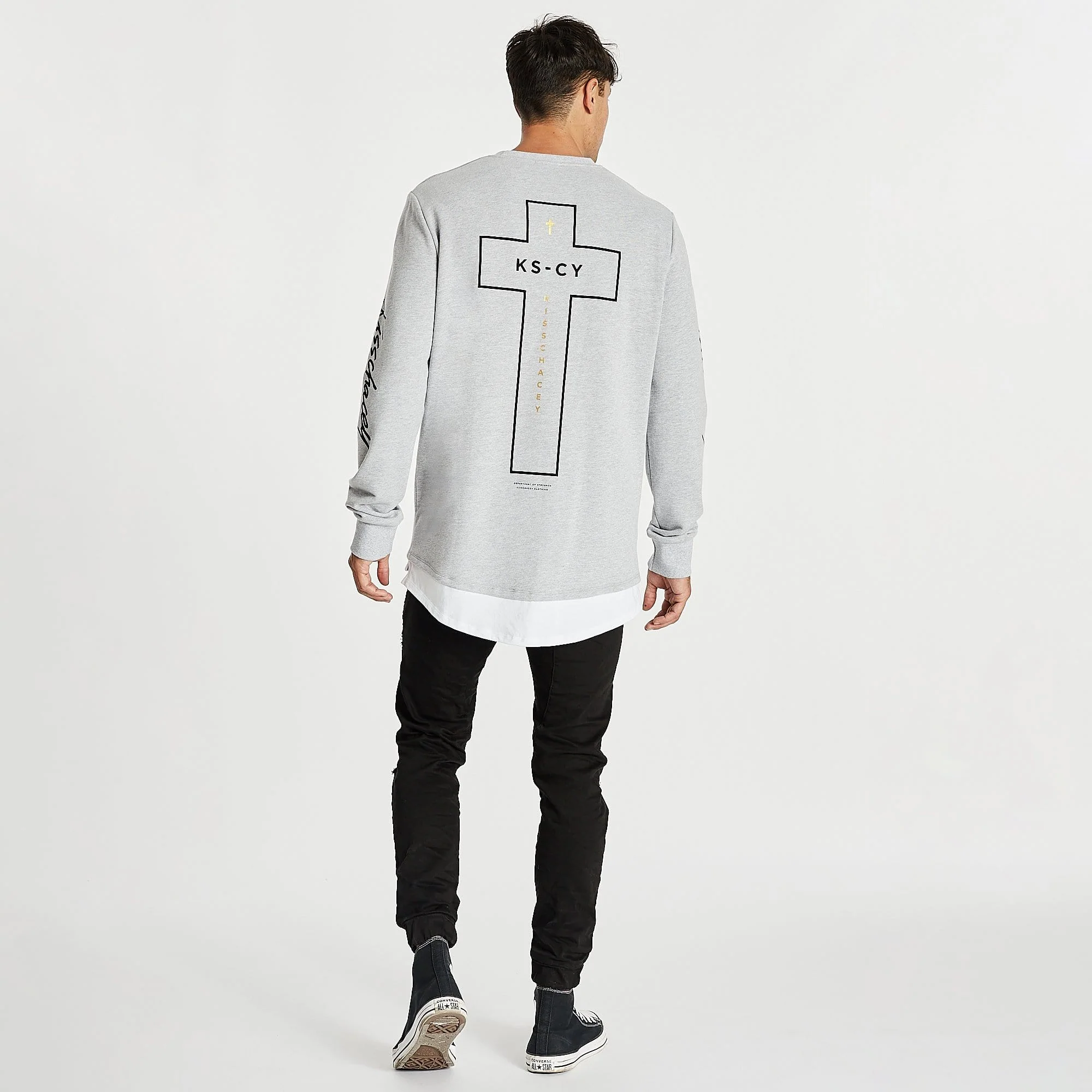 Kiss Chacey MENS ALL IN LAYERED HEM SWEATER - GREY MARLE - Image 4