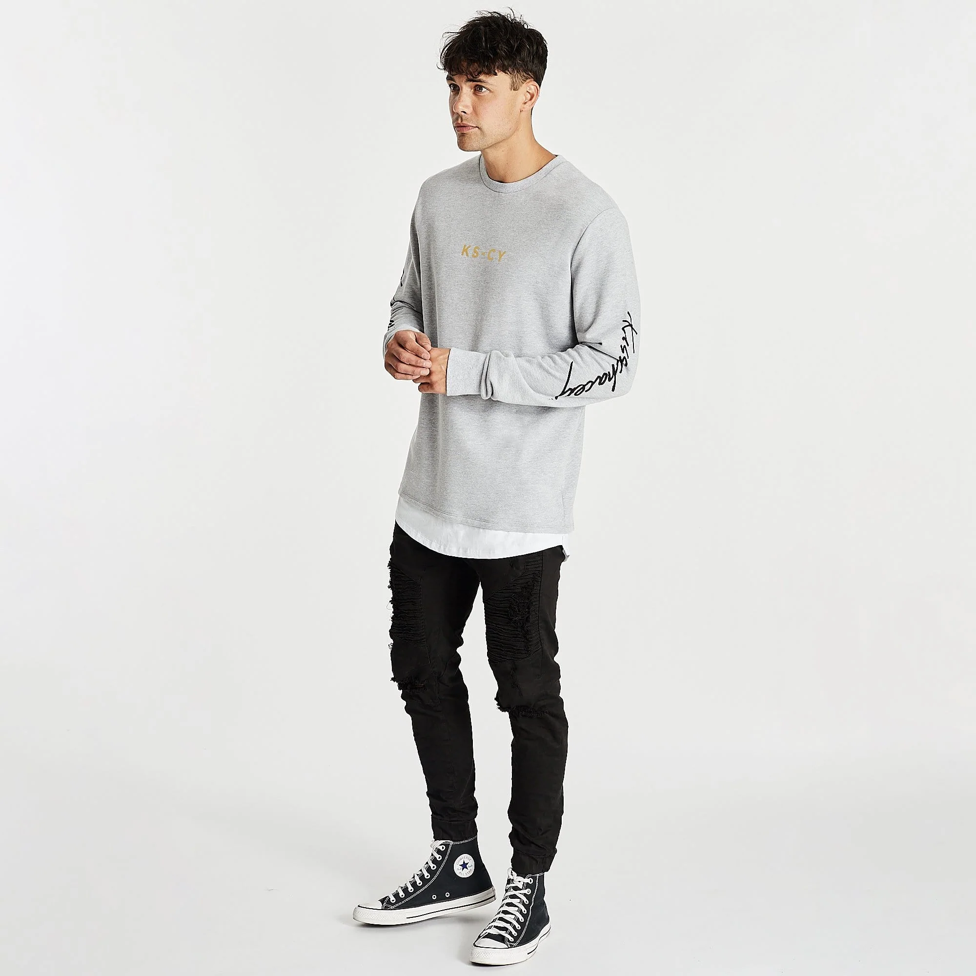 Kiss Chacey MENS ALL IN LAYERED HEM SWEATER - GREY MARLE - Image 5