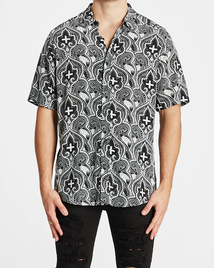 Kiss Chacey MENS CARDINAL RELAXED FIT SHORT SLEEVE SHIRT - BLACK STONE PRINT - Image 5