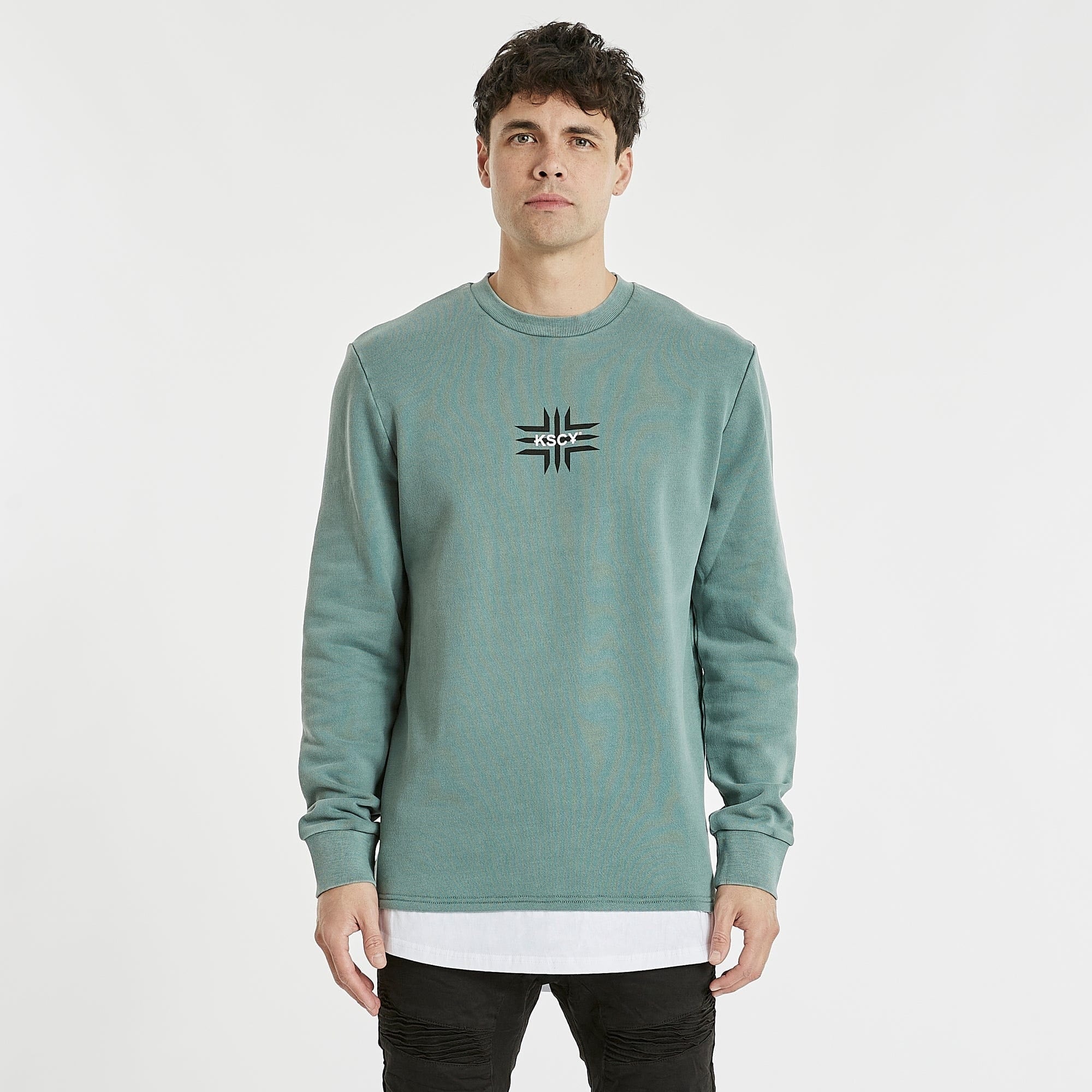 KISS CHACEY Mens Cogan Layered Hem Jumper Pigment Silver Pine - Image 7