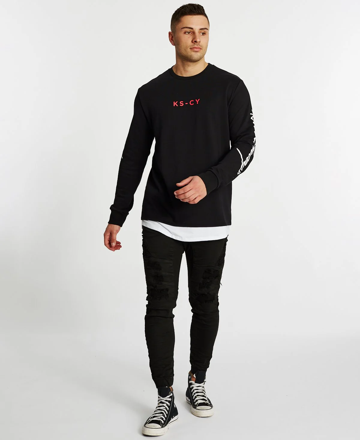 Kiss Chacey MENS FORTUNA LAYERED HEM SWEATER - JET BLACK - Image 3