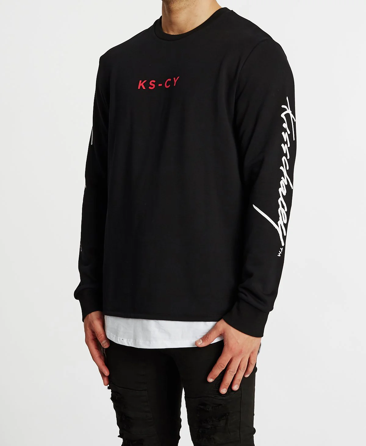 Kiss Chacey MENS FORTUNA LAYERED HEM SWEATER - JET BLACK - Image 8