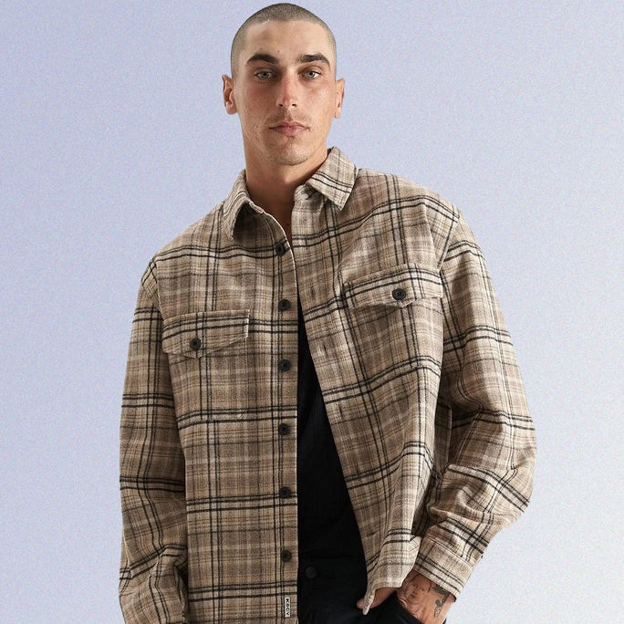 KISS CHACEY Mens Ingenuity Relaxed Overshirt - Cloud Dancer Check - Image 7
