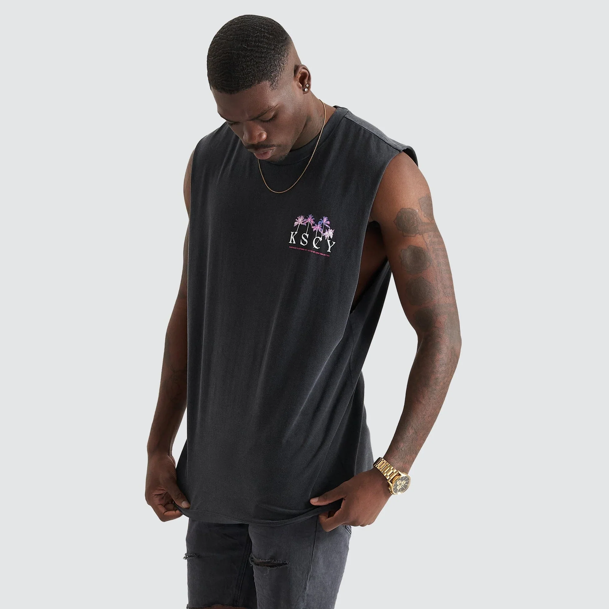 KISS CHACEY Mens Inheritance Relaxed Fit Muscle Tee Shirt  - Mineral Black - Image 2