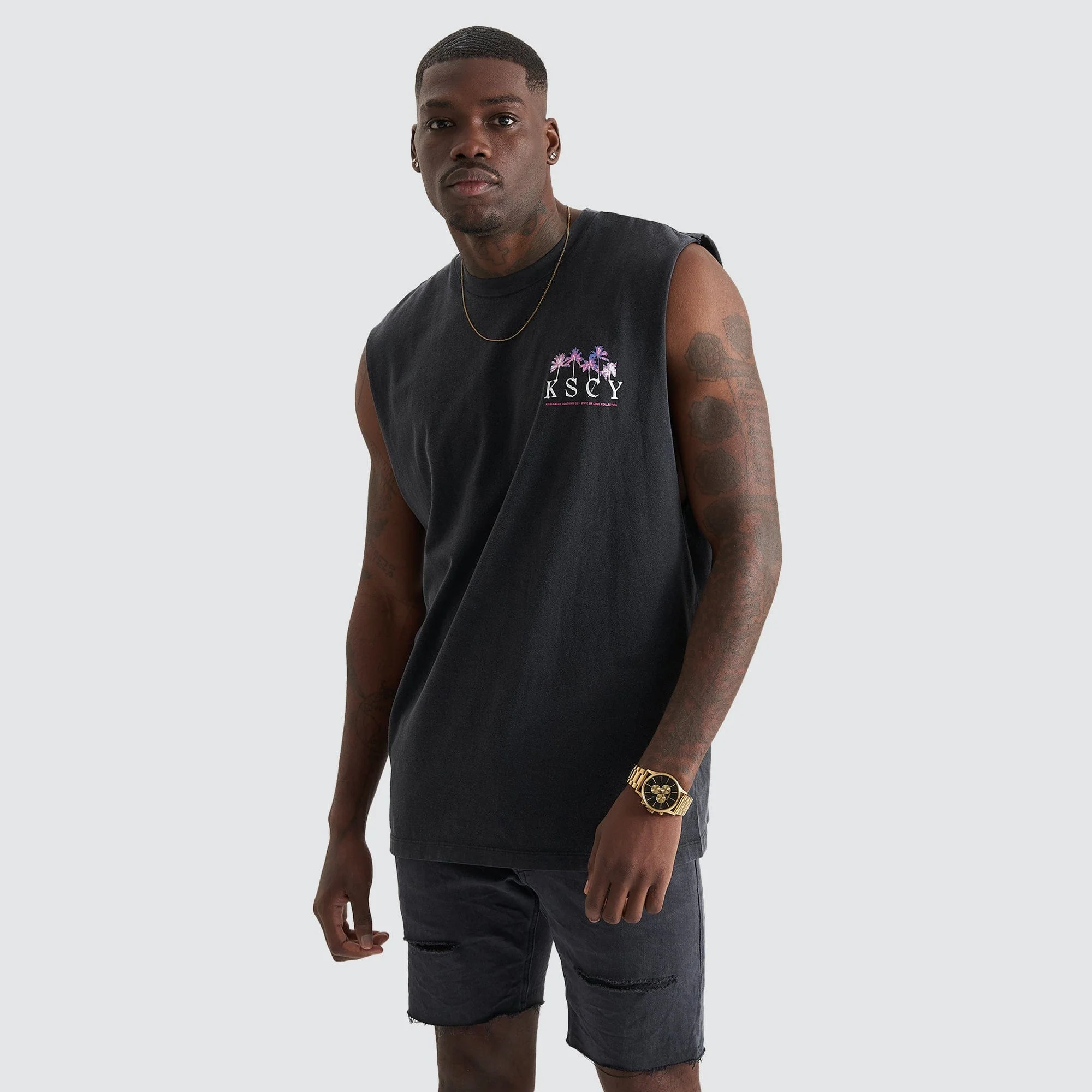 KISS CHACEY Mens Inheritance Relaxed Fit Muscle Tee Shirt  - Mineral Black - Image 6