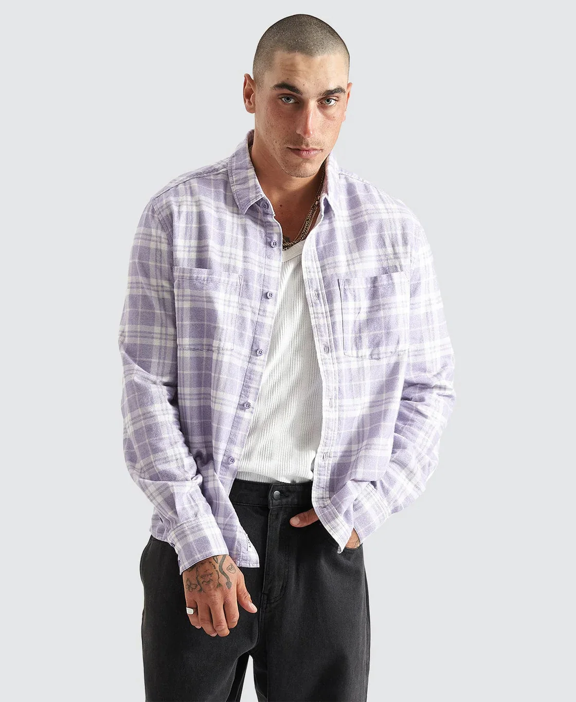 KISS CHACEY Mens La Brea Casual Long Sleeve Check Shirt - Heirloom Lilac Check - Image 2