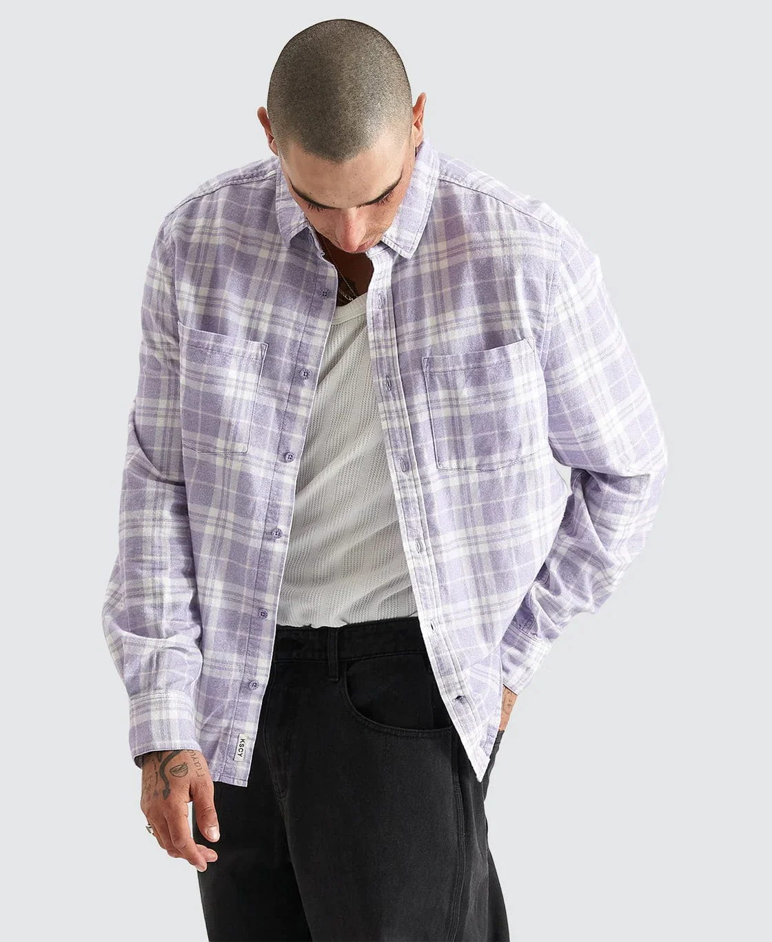 KISS CHACEY Mens La Brea Casual Long Sleeve Check Shirt - Heirloom Lilac Check - Image 4