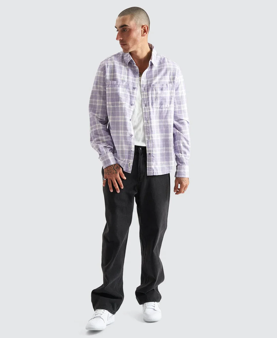 KISS CHACEY Mens La Brea Casual Long Sleeve Check Shirt - Heirloom Lilac Check - Image 7