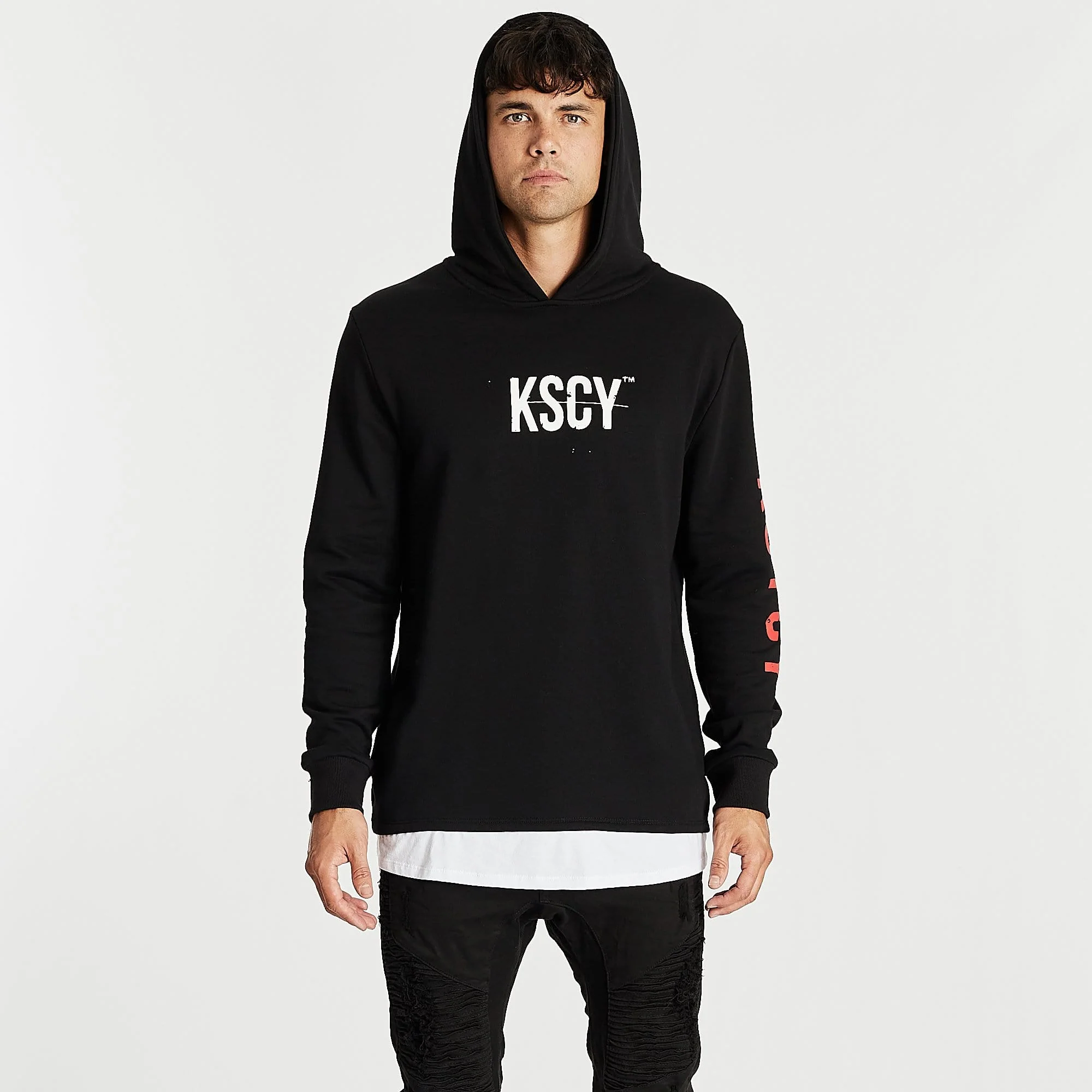 Kiss Chacey MENS LIVE LIFE LAYERED HEM HOODED SWEATER - JET BLACK - Image 10