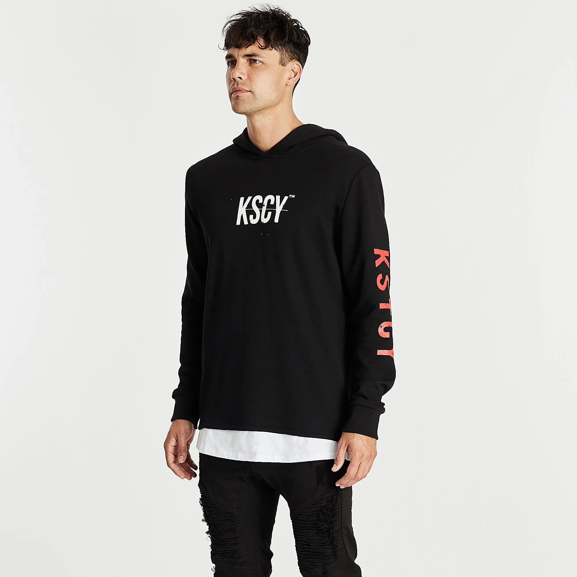 Kiss Chacey MENS LIVE LIFE LAYERED HEM HOODED SWEATER - JET BLACK - Image 11
