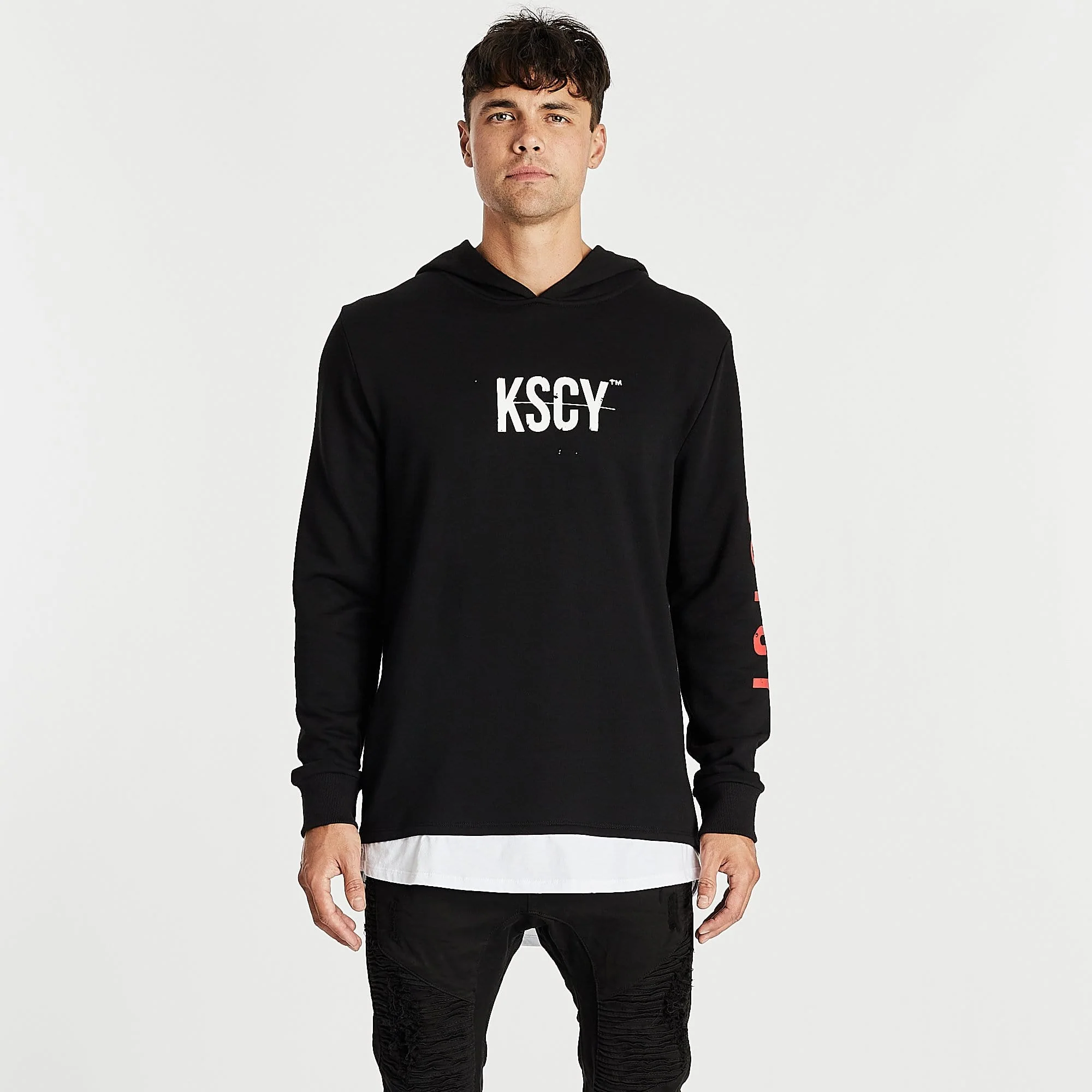 Kiss Chacey MENS LIVE LIFE LAYERED HEM HOODED SWEATER - JET BLACK - Image 13